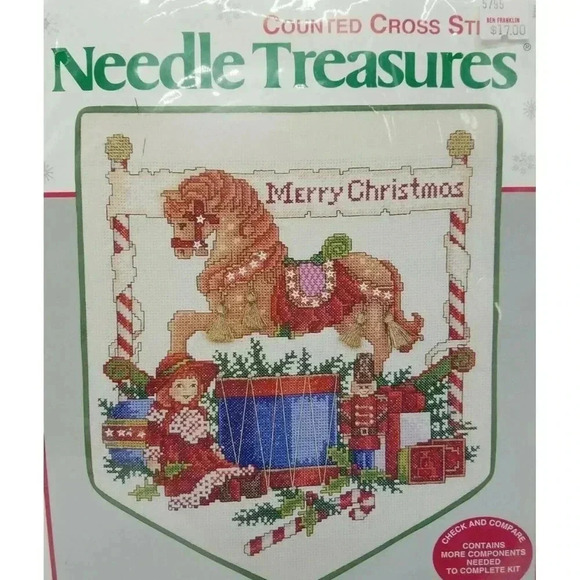 Needle Treasures Counted Cross Stitch Kit Banner Rocking Horse Merry Christmas - Picture 2 of 5